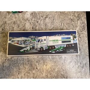 Hess 2003 Toy Truck and Racecars White Green Gasoline Collectible with Box